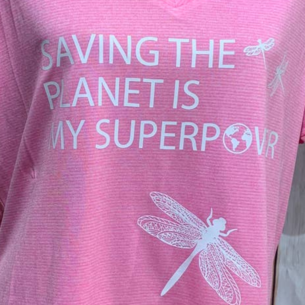 Hand Printed Upcycled 2X Saving the Planet Dragonfly Superpower Short Sleeve Tee - Picture 3 of 4